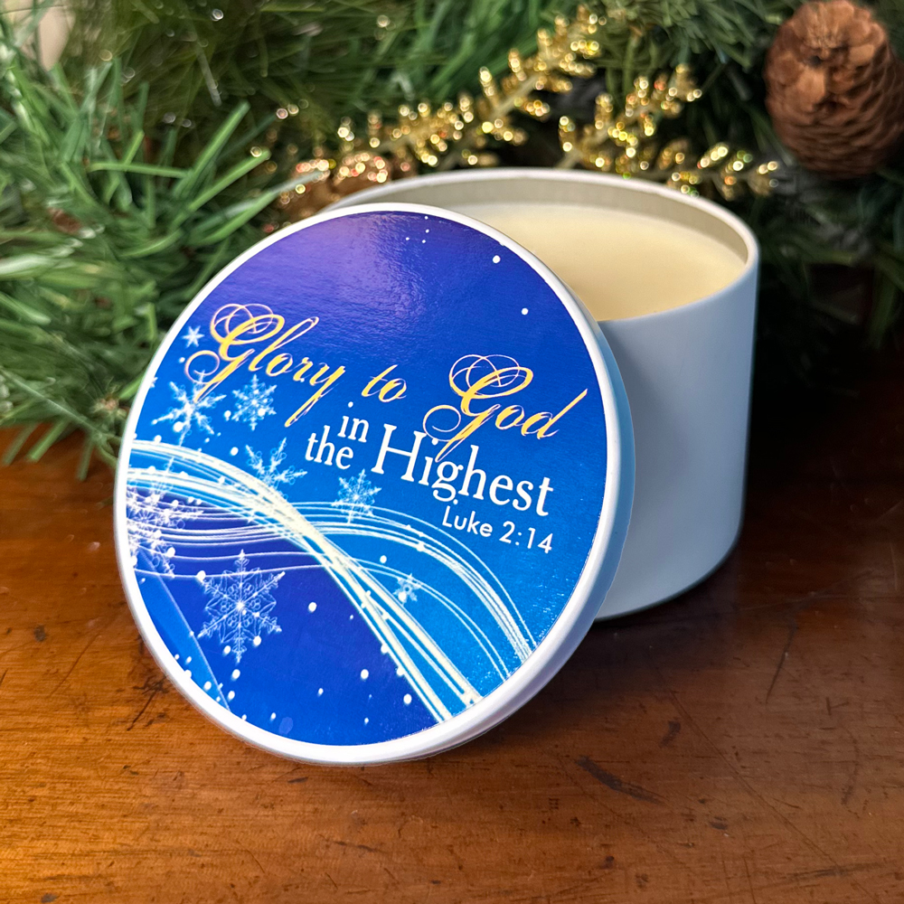 "GLORY TO GOD IN THE HIGHEST" CANDLE TIN - FRANKINCENSE & MYRRH 8 OZ