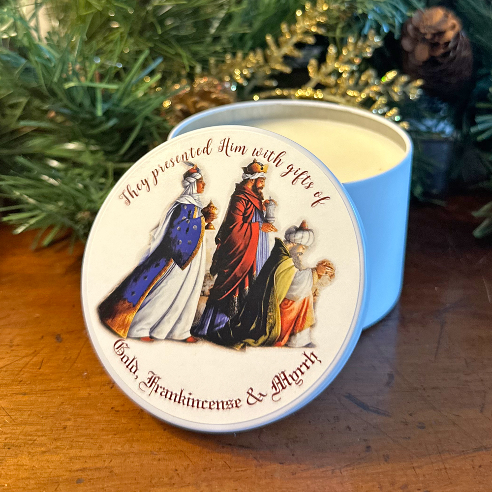 "GOLD, FRANKINCENSE & MYRRH" CANDLE TIN - FRANKINCENSE & MYRRH 8 OZ