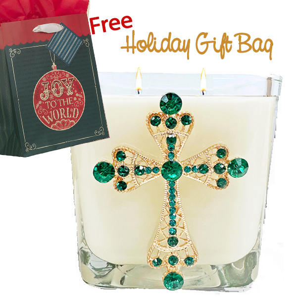 SAVE $7! CEDAR EMERALD CROSS CANDLE W/ FREE GIFT BAG