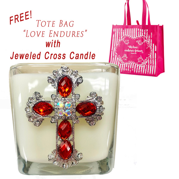 FREE TOTE "LOVE ENDURES" with AGAPE - JEWELED CROSS CANDLE -Silvertone