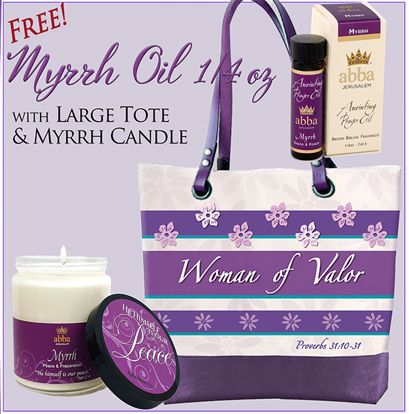 FREE 1/4 OZ OIL WITH WOMAN OF VALOR TOTE & MYRRH SCRIPTURE JAR CANDLE