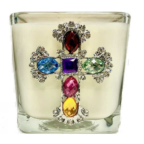 DIVINE MERCY  MULTI COLOR JEWELED CROSS CANDLE