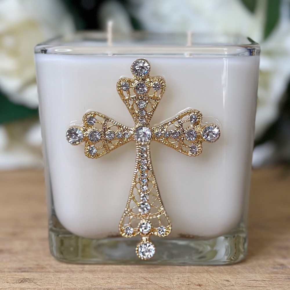 FRANKINCENSE & MYRRH GOLD/CRYSTAL CROSS CANDLE